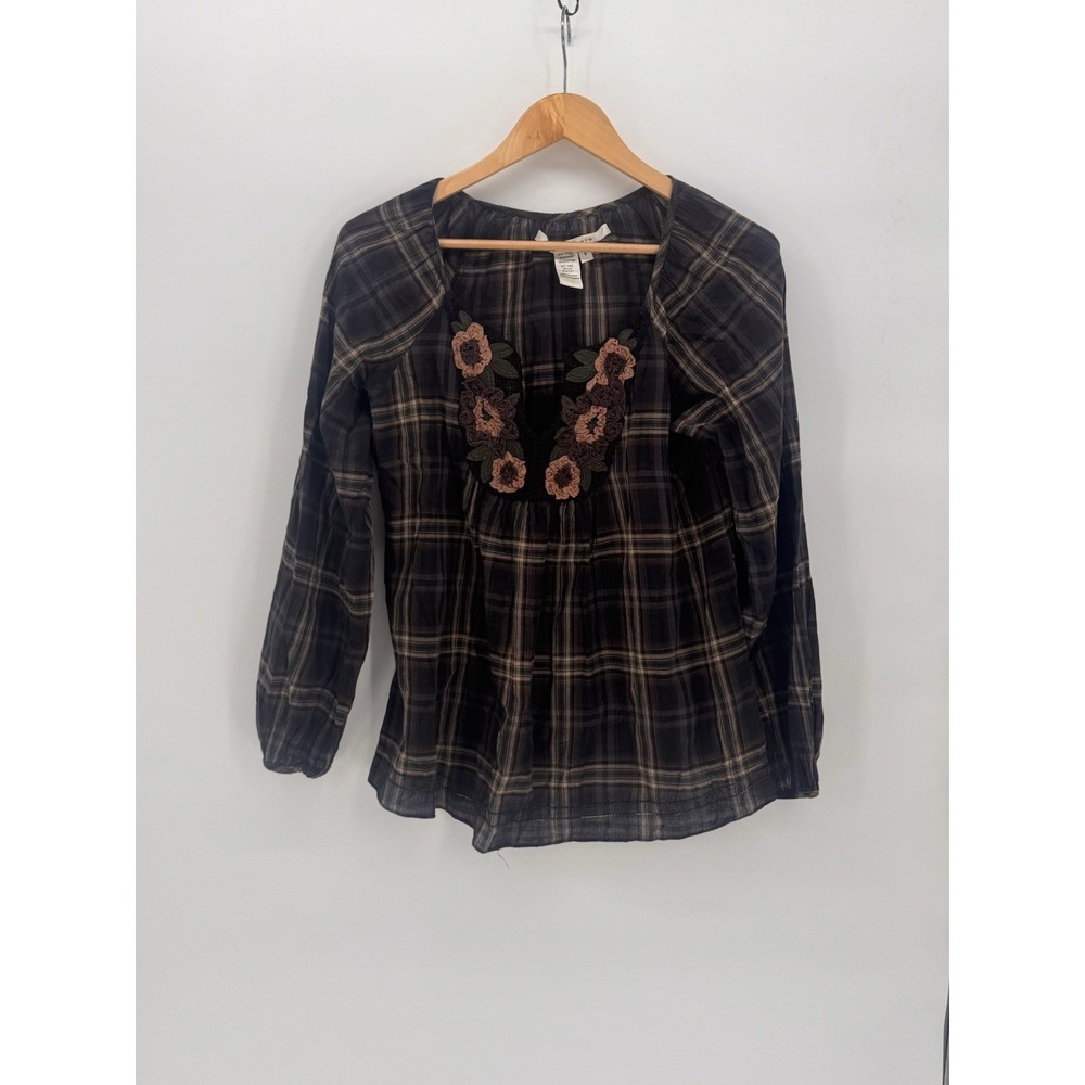 Vintage Studio Embroidered Top Flowers Cotton Plaid Fairy Core  Cottsgecore Ligh